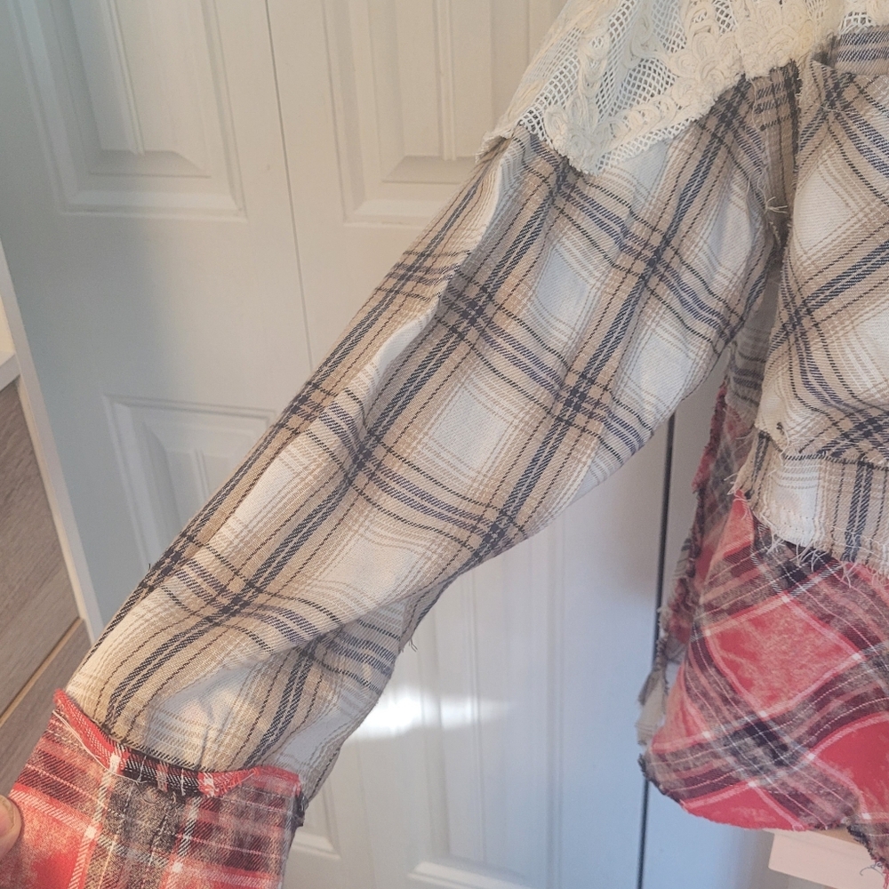 Pol Lace Patchwork Mixed Plaids Button-Front Top/… - image 8